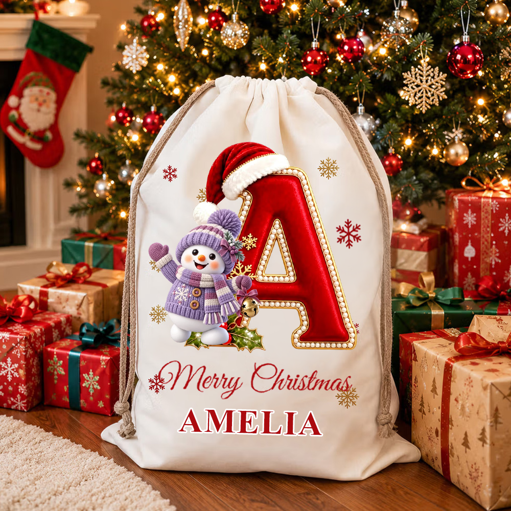 Personalized Initial Christmas Gift Bag Custom Name Santa Sack Large Drawstring Present Bag For Kids Holiday Morning Toy Storage Xmas Tote