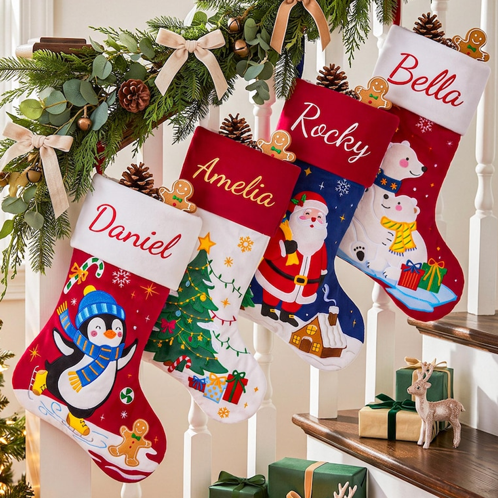 Personalized Christmas Stockings Custom Name Snowman And Penguin Holiday Stockings For Family Kids Fireplace Mantel Decor Xmas Gift Set