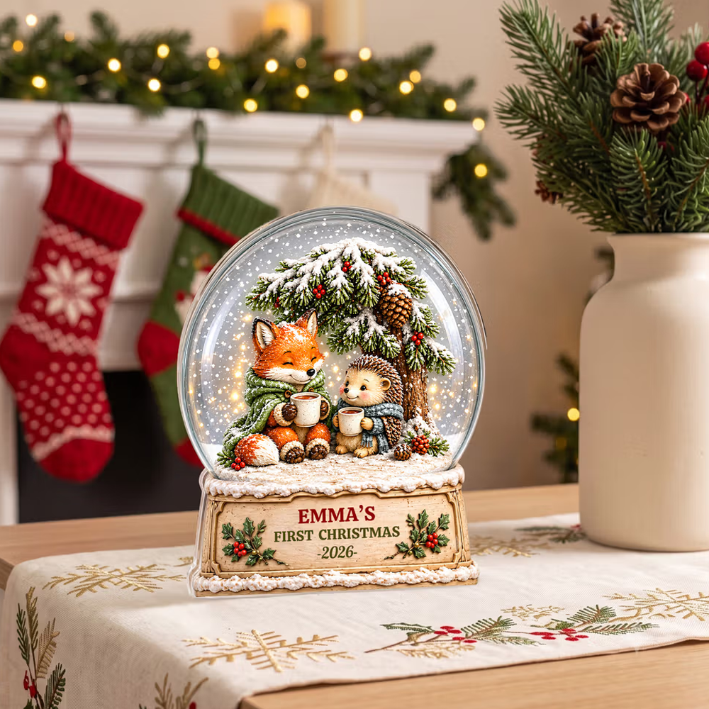 Personalized Artwork Fox Hedgehog Crystal Ball Clear Acrylic Plaque with Name and Year Home Decor Baby's 1st Christmas Gift for New Baby