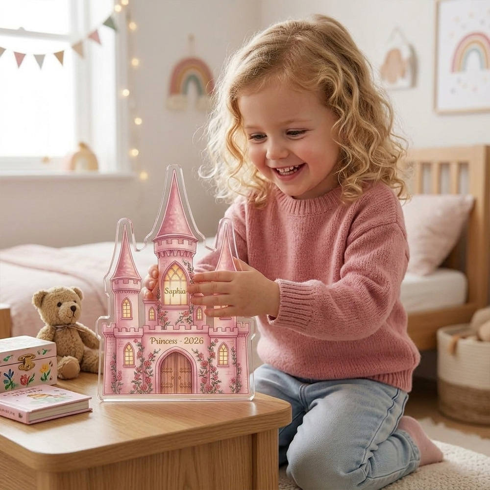Personalized Princess Castle Acrylic Plaque Custom Name Christmas Palace Gift For Girls Kids Bedroom Nursery Fairy Tale Pink Decor Ornament