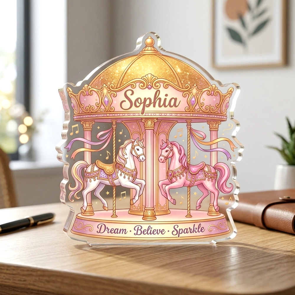 Personalized Carousel Acrylic Plaque Custom Name Dream Believe Sparkle Merry Go Round Horse Gift For Girls Kids Bedroom Nursery Fairy Tale Decor