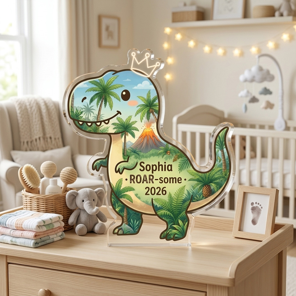 Personalized Dinosaur Acrylic Plaque Custom Name Roar Quote Kids Room Decor Cute Green Dino Gift For Boys Girls Nursery Birthday Keepsake