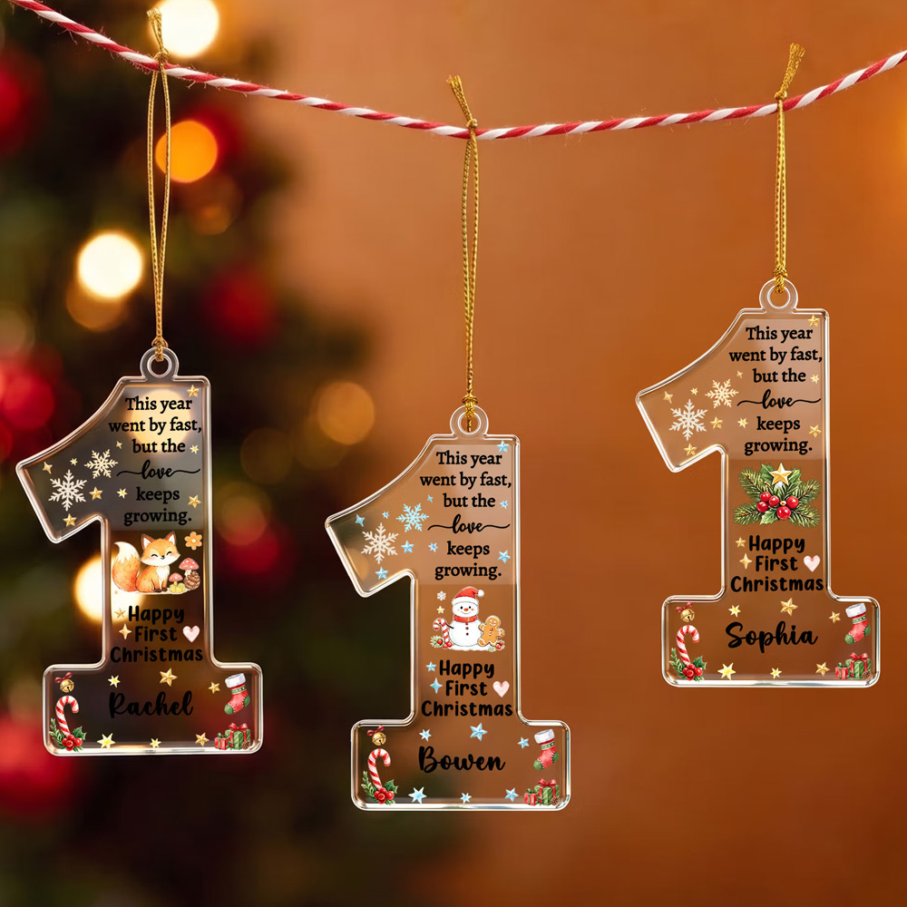 Personalized Name Happy First Christmas Cartoon Animal Number 1 Shape Acrylic Ornament Holiday Tree Hanging Decor Christmas Gift for Newborns