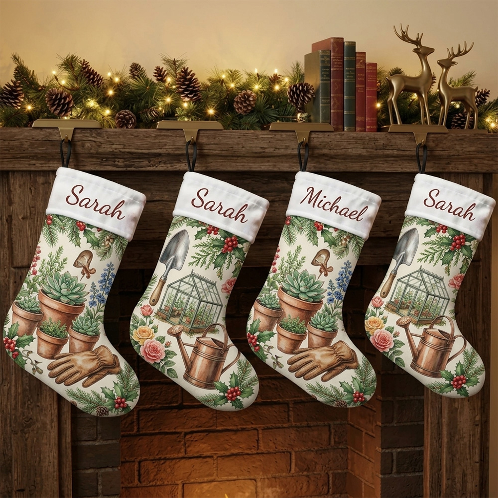 Personalized Gardener Christmas Stocking Custom Name Gardening Plants Watering Can Gloves Gift For Garden Lover Holiday Fireplace Mantel Decoration Gift for Mom and Grandma