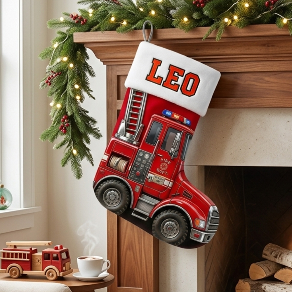 Personalized Fire Truck Christmas Stocking Custom Name Red Fire Engine Gift For Kids Toddler Boys Holiday Fireplace Mantel Decoration