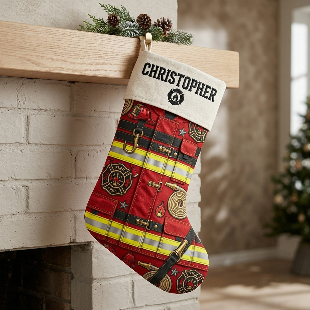 Personalized Firefighter Christmas Stocking Custom Name Fireman Turnout Gear Uniform Gift For Fire Department Hero Holiday Fireplace Mantel Decoration Gift for Dad Grandpa