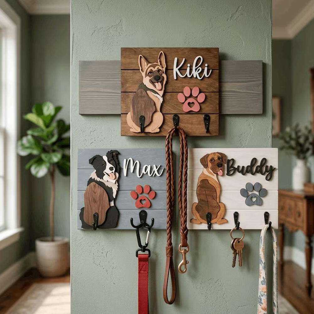 Personalized Dog Leash Holder Custom Dog Name Sign 3D Wooden Pet Leash Hook Shiplap Dog Key Rack Gift for Dog Lover Dog Mom Gift