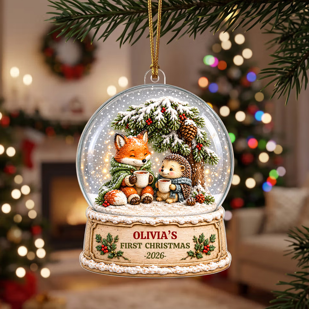 Personalized 3D-Effect Artwork Christmas Fox Hedgehog Acrylic Ornament with Name and Year Tree Decor First Christmas Gift for New Parents