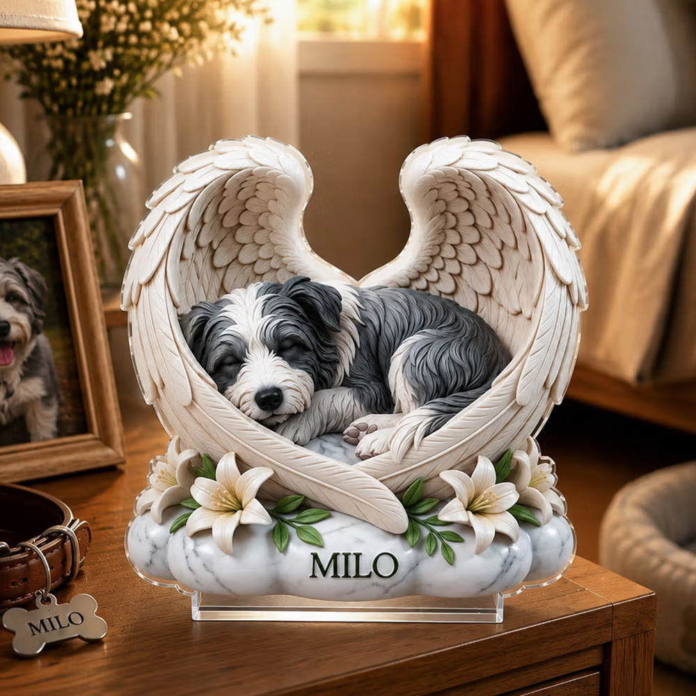 Personalized 3D-Effect Artwork Dog Cat Pet Photo Angel Wings Clear Acrylic Plaque with Name Memorial Gift for Pet Owners Lovers