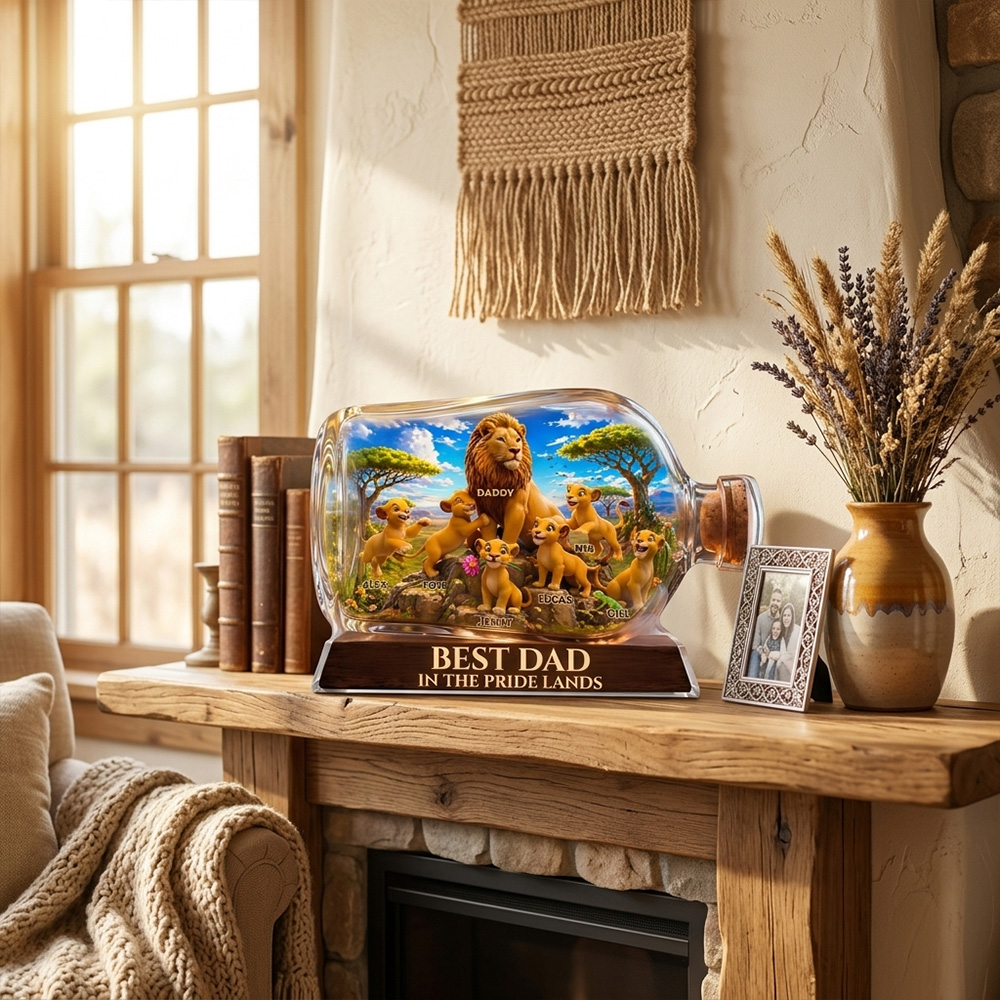 Personalized Best Dad Lion Family Bottle Gift Custom Name Safari Animal Scene For Fathers Day Birthday Christmas Desk Shelf Office Home Decoration