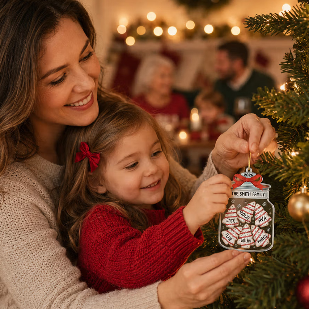Personalized Christmas Theme Snowflake Family Name Jar-Shaped Ornament with 2-8 Names and Year Home Decor Christmas Gift for Family Friends