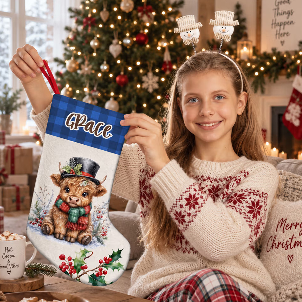 Personalized Cute Christmas Highland Cow Holly Plaid Christmas Stocking with Name Home Decor Christmas Holiday Gift for Kids Friends Family