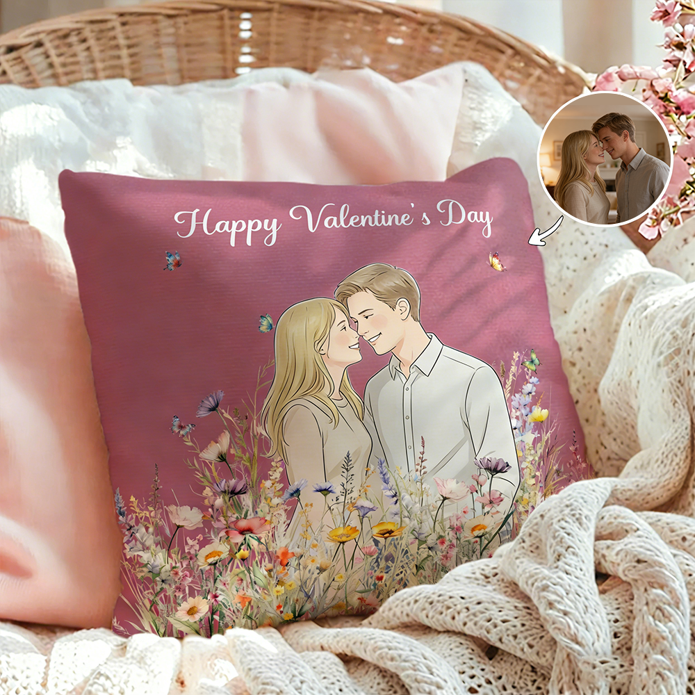 Personalized Photo Cartoon Couple Pillow Personalized Floral Illustration Throw Pillow Ideal For Valentines Day And Anniversary Gifts