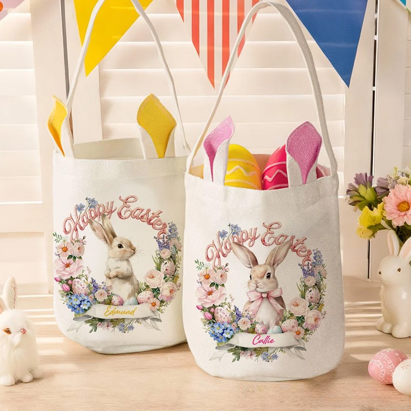 Personalized Wreath Cartoon Rabbit Easter Basket with Name and Bunny Ears Egg Hunting Accessory Easter Gift for Kids