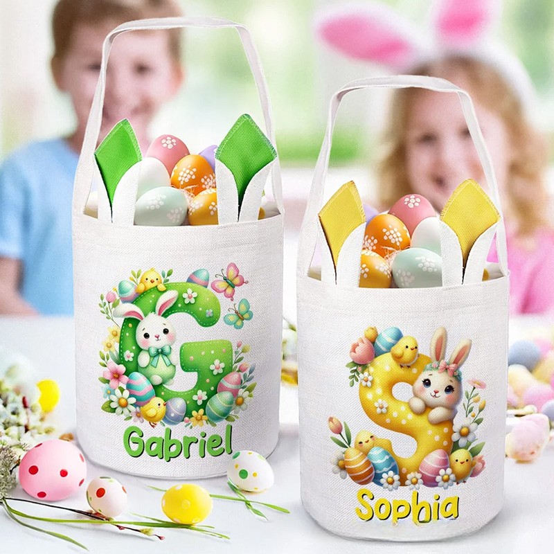 Personalized Cartoon Easter Bunny Ears Large Capacity Basket with Name and Initial Easter Eggs Hunting Party Easter Gift for Kids