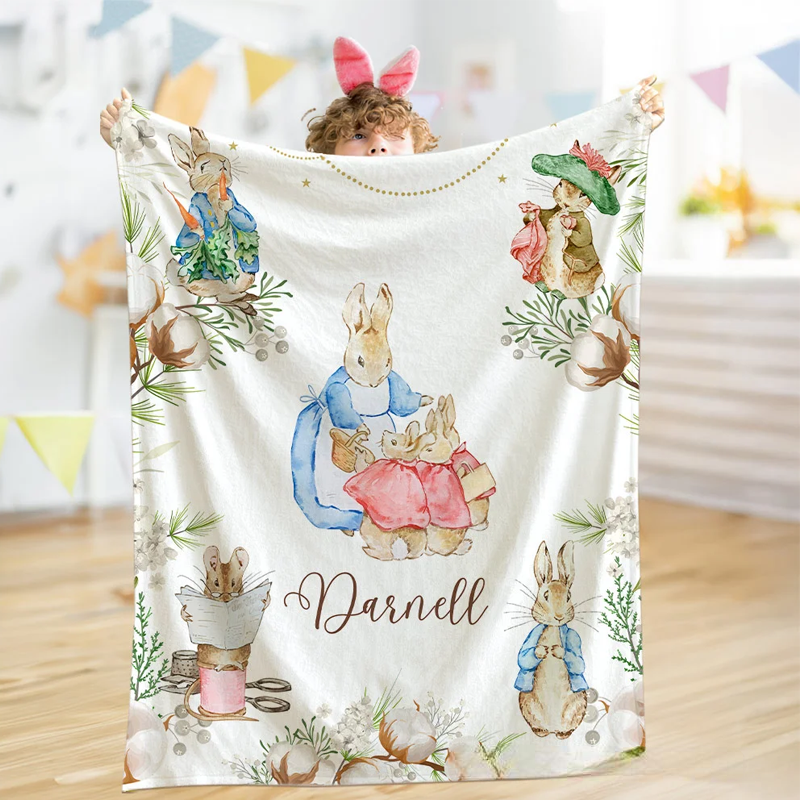 Personalized Easter Rabbit Soft Throw Blanket with Name Home Decor Easter Birthday Baby Shower Gift for Newborn Kids