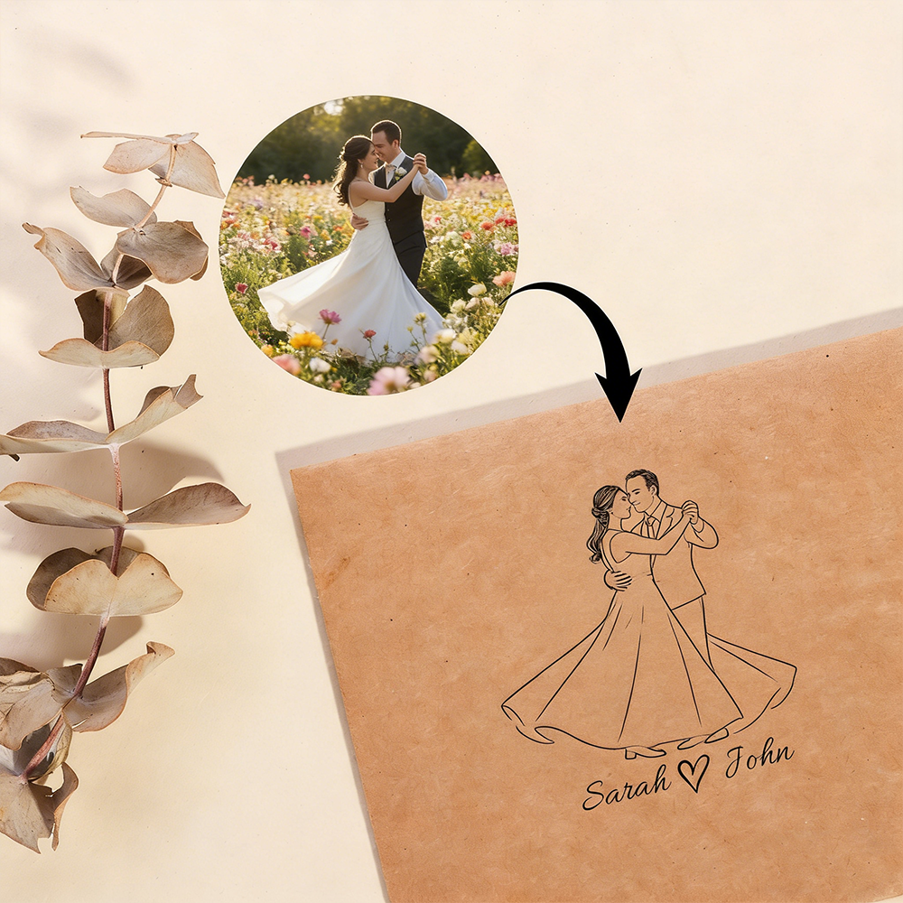 Personalized Photo Wedding Invitation Set Personalized Couple Portrait Sketch Invite With Custom Monogram Stamp And Kraft Envelope