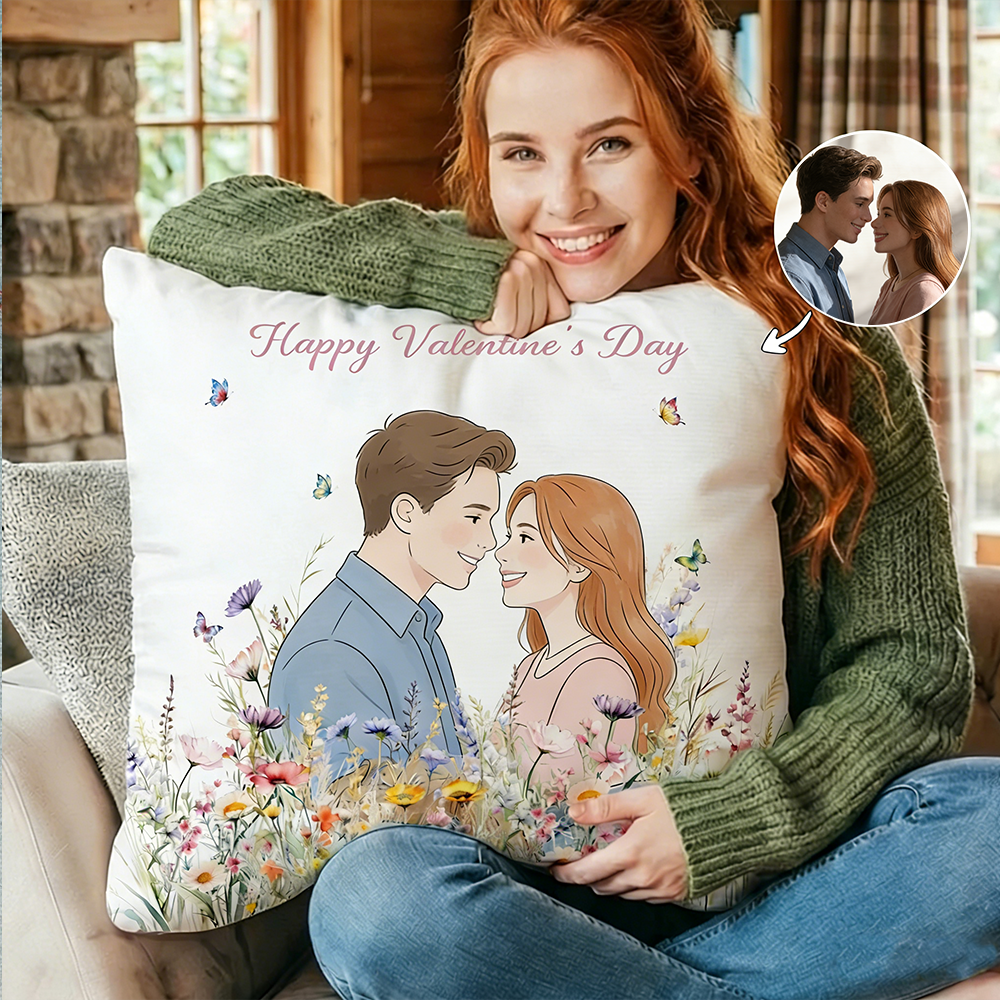 Personalized Photo Cartoon Couple Pillow Personalized Floral Illustration Throw Pillow Ideal For Valentines Day And Anniversary Gifts