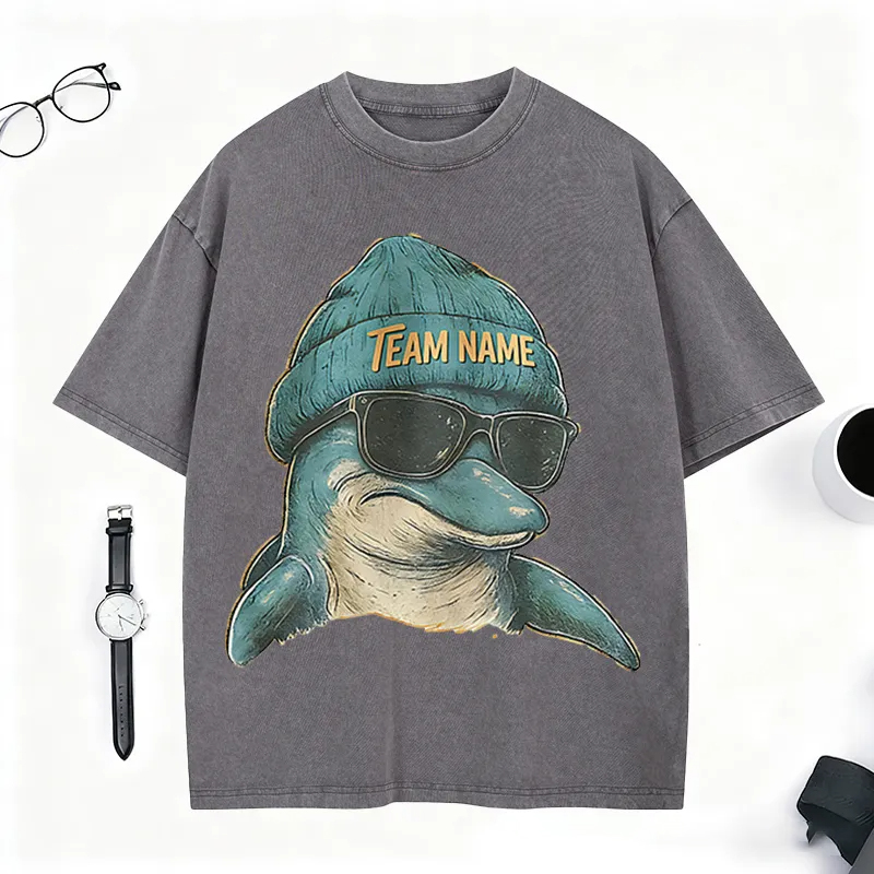Personalized Retro Football Mascot T-Shirt with Dolphin Graphic and Team Name for Football Fans  