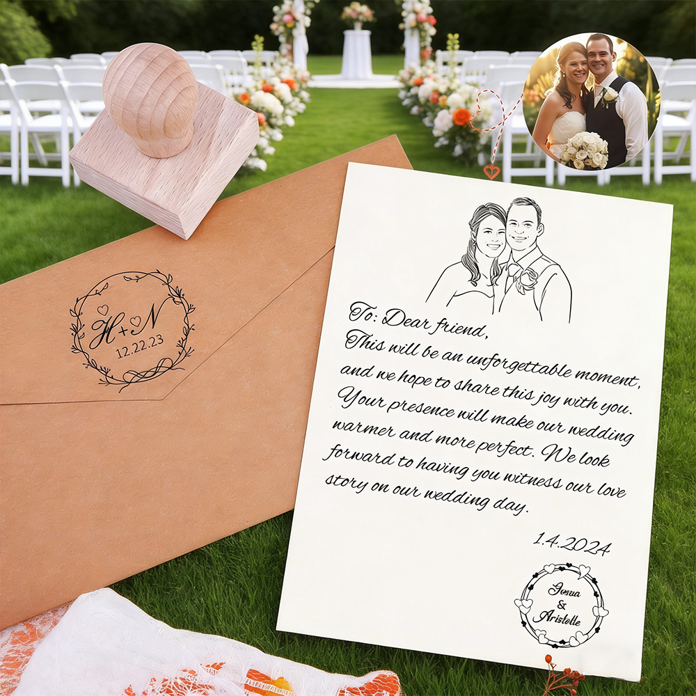 Personalized Photo Wedding Invitation Set Personalized Couple Portrait Sketch Invite With Custom Monogram Stamp And Kraft Envelope