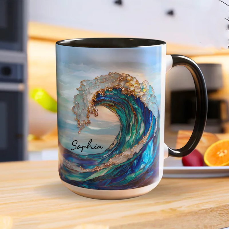 Personalized Ocean Waves Stained Glass Print Coffee Mug with Name Romantic Pastel Coffee Cup Birthday Gift 