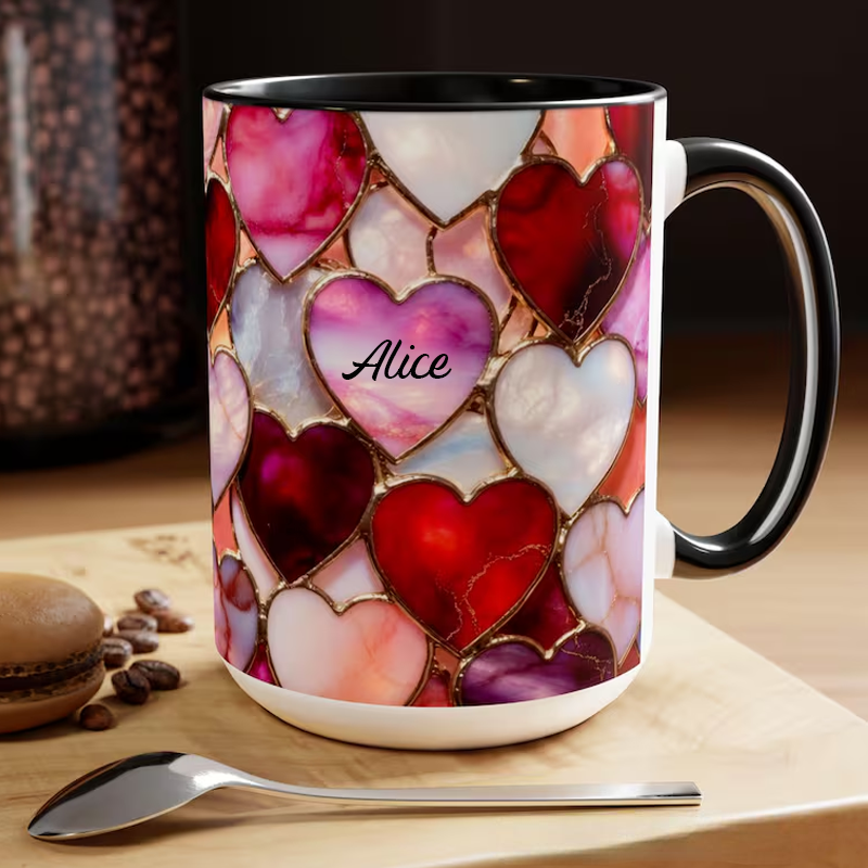 Personalized Stained Glass Hearts Mug with Name Romantic Pastel Coffee Cup Birthday Gift 