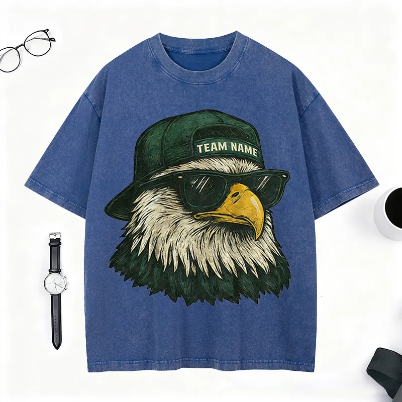 Personalized Football Mascot Washed T-Shirt with Cool Eagle Design and Custom Team Name