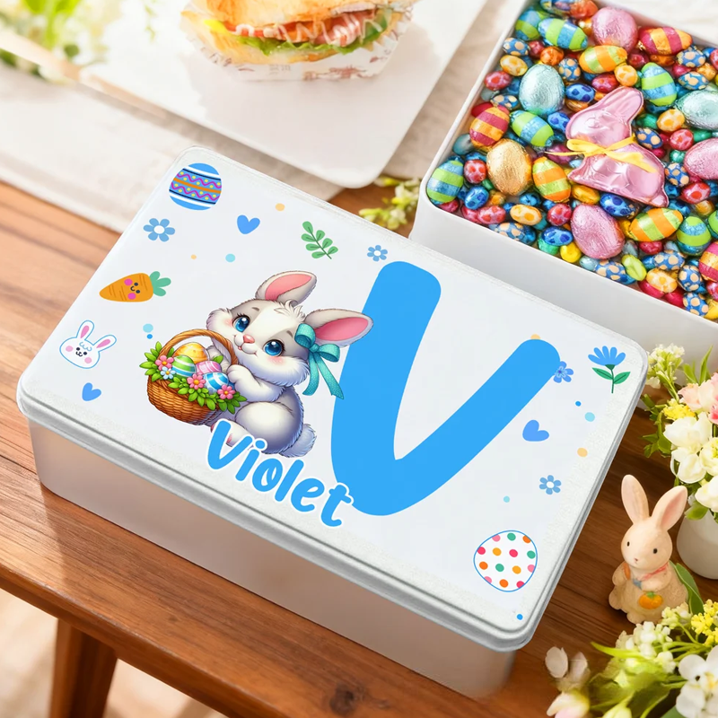 Personalized Cartoon Bunny Easter Eggs Food Grade Metal Biscuit Tin Storage Box with Name Easter Holiday Gift for Family Kids