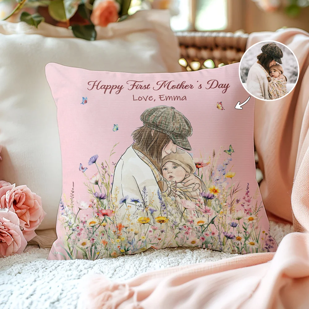 Personalized Photo Cartoon Couple Pillow Personalized Floral Illustration Throw Pillow Ideal For Valentines Day And Anniversary Gifts