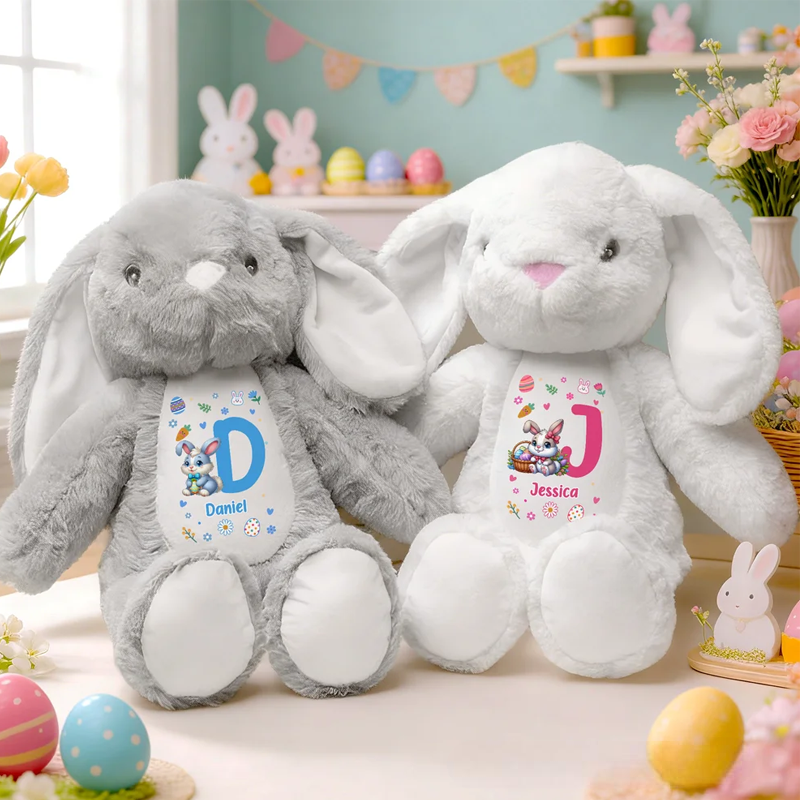Personalized Cute Peter Rabbit Plush Easter Bunny Stuffed Toy with Initial and Name Easter Birthday Gift for Kids