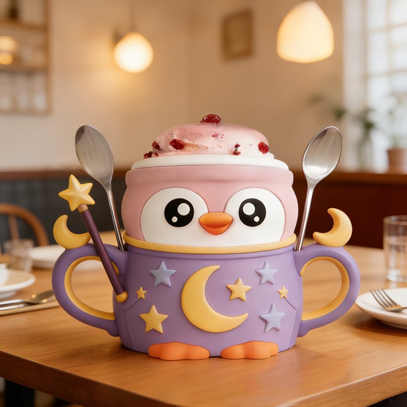 Night Theme Adorable Penguin with Moon and Stars Stand 3D Printed Cozy with Spoon Slot