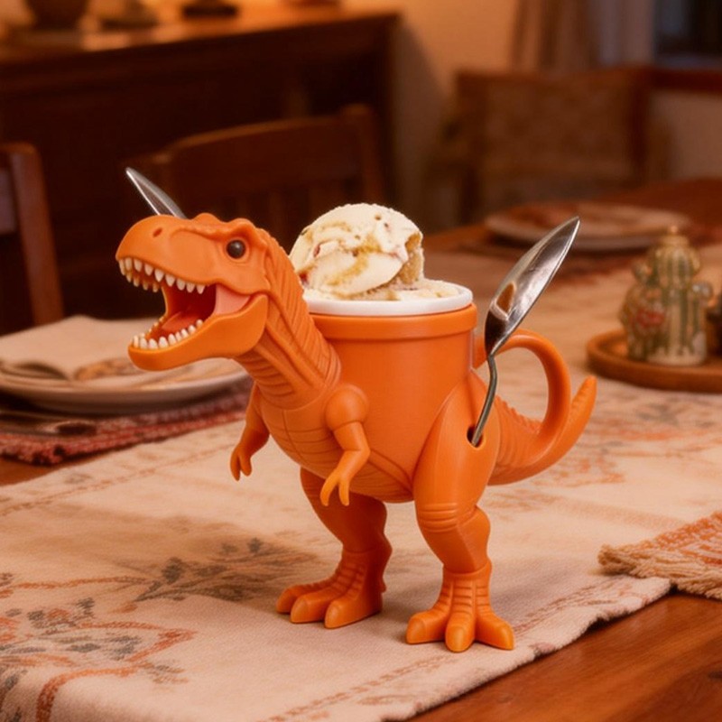 Dinosaur Theme Cool Orange T Rex Ice Cream Holder 3D Printed Cozy with Spoon Slot