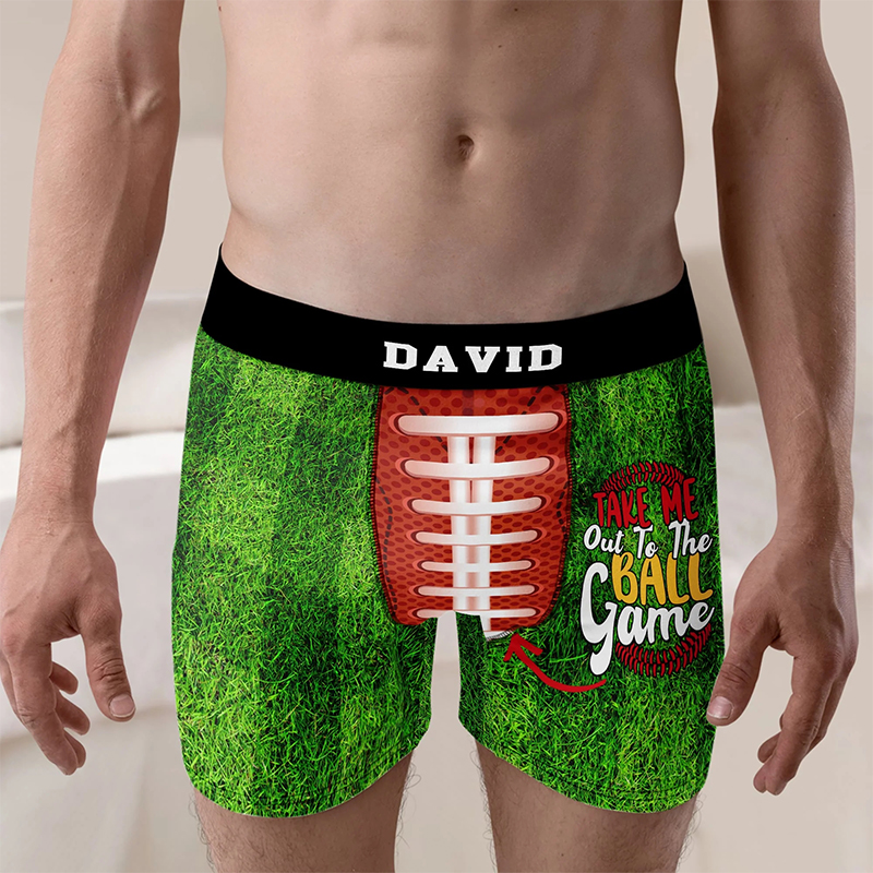Personalized Football Boxers "Take Me Out to the Ball Game" with Custom Name and Fun Design for Sports Fans Valentine's Day Gift for Men