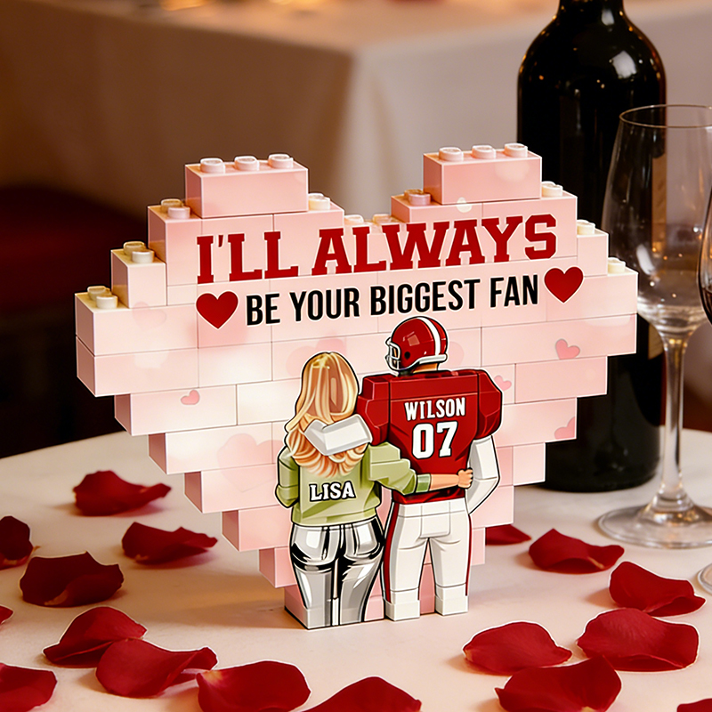 Personalized Football Couples Heart "Biggest Fan" Building Blocks with Custom Names and Number Valentine's Day Gift