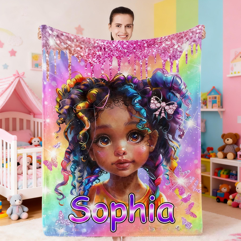 Personalized Afro Girl Fleece Soft Throw Blanket with Name Birthday Gift for Children Girls