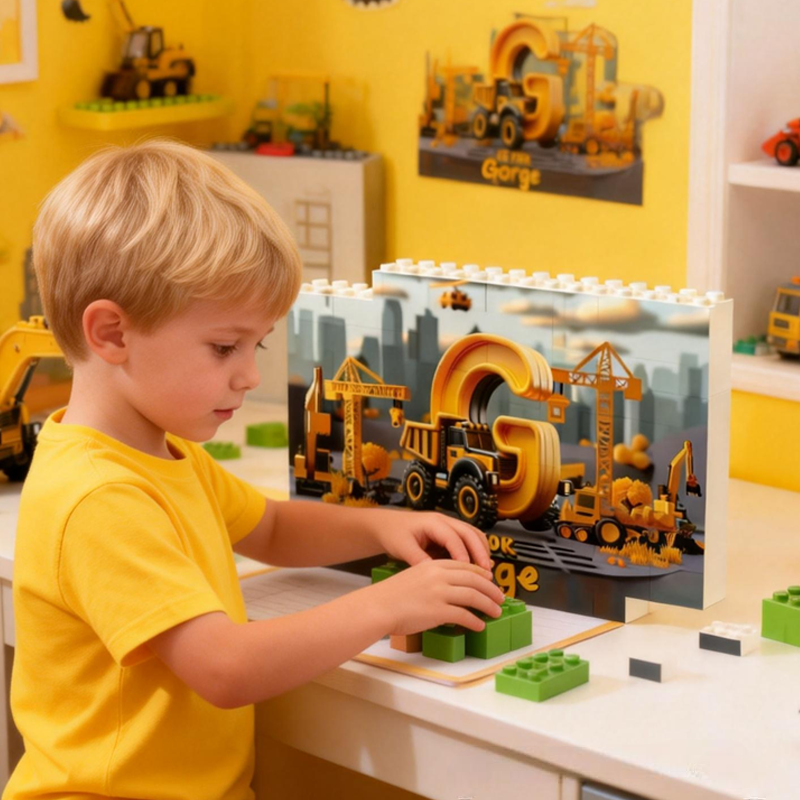Personalized Construction Vehicles Letters Kid Double Sided Horizontal Rectangle Building Brick Blocks
