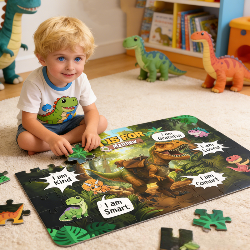 Personalized Little Boy Riding Dinosaur I Am Kind I Am Brave Photo Jigsaw Puzzle