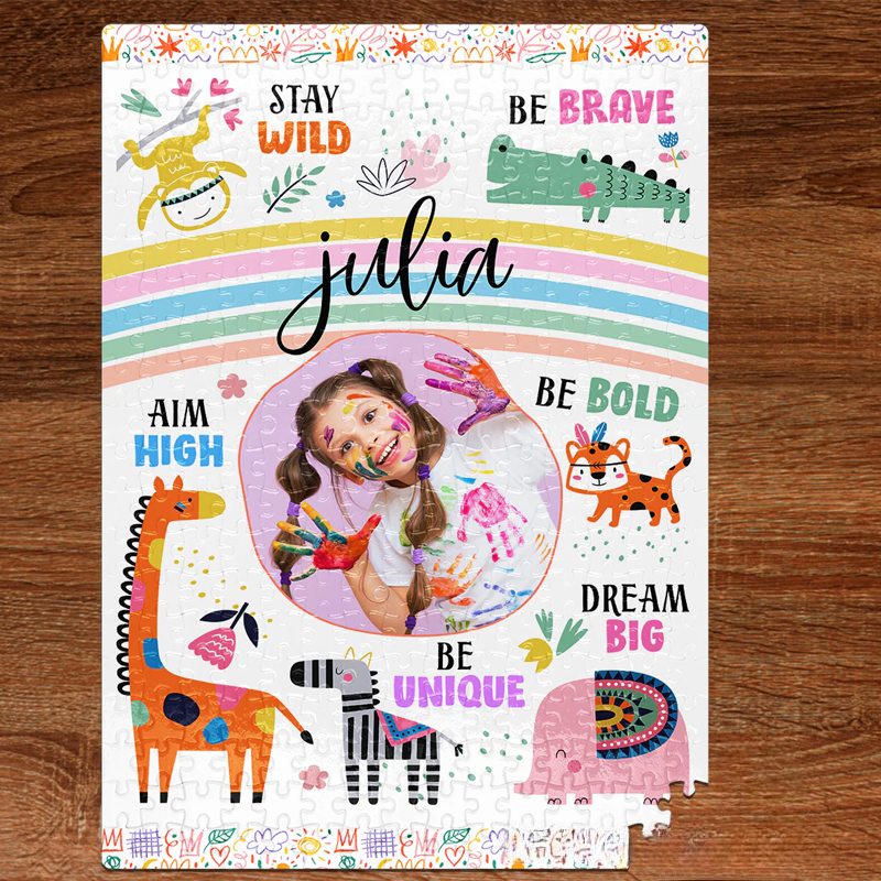 Personalized Stay Wild Affirmations for Kids With Safari Animals Photo Jigsaw Puzzle