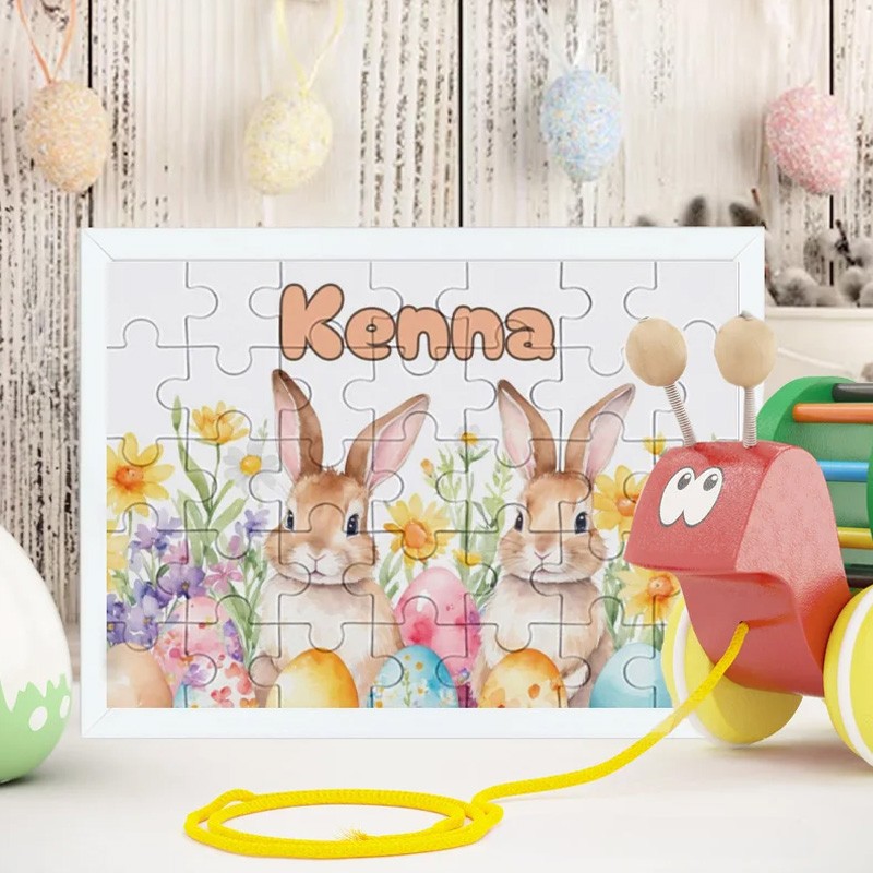 Personalized Floral Easter Eggs Cute Bunny 35 Pieces Puzzle with Name Holiday Basket Stuffers Easter Party Birthday Gift for Boys Girls