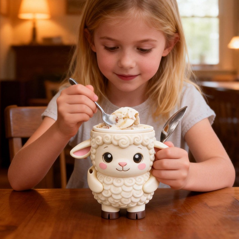 Kids Theme Custom Name Lovely White Lamb Ice Cream Cup Support 3D Printed Cozy with Spoon Slot