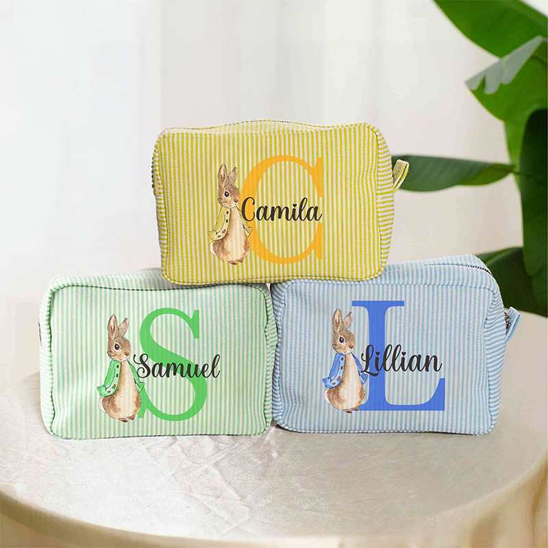 Personalized Name Rabbit Bunny Alphabet Striped Makeup Bag Travel Toiletry Pouch Birthday Easter Gift for Her Girls 
