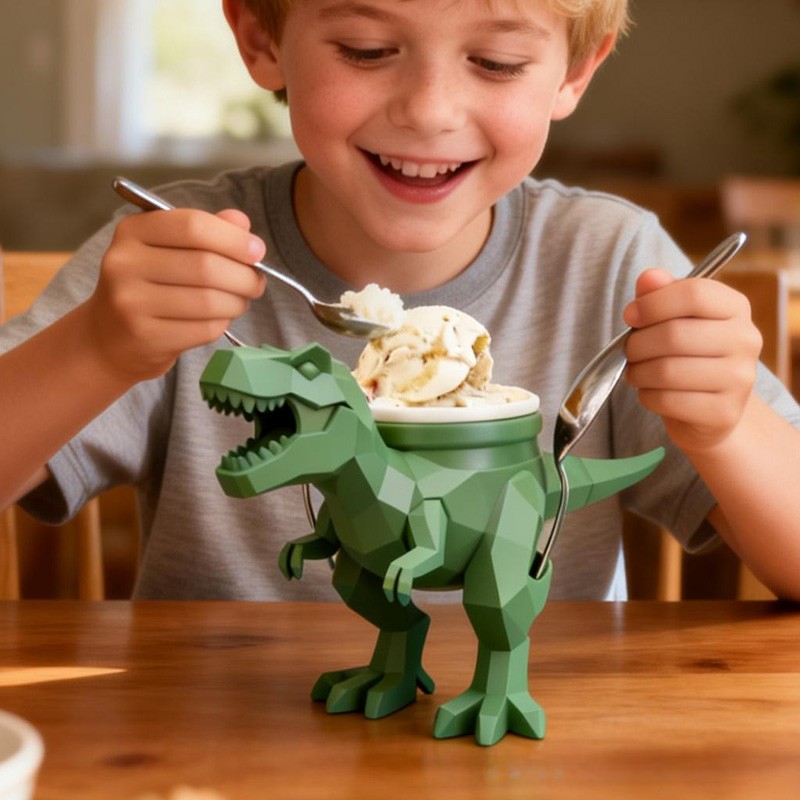 Dinosaur Theme Custom Name Cool Green T Rex Ice Cream Holder 3D Printed Cozy with Spoon Slot