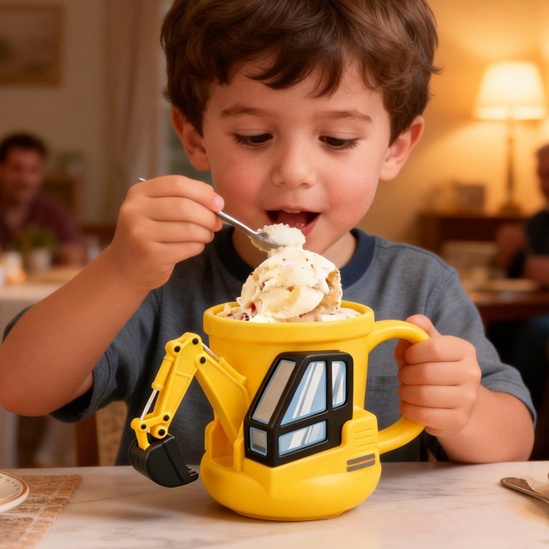 Construction Theme Custom Name Cute Yellow Excavator Ice Cream Holder 3D Printed Cozy with Spoon Slot