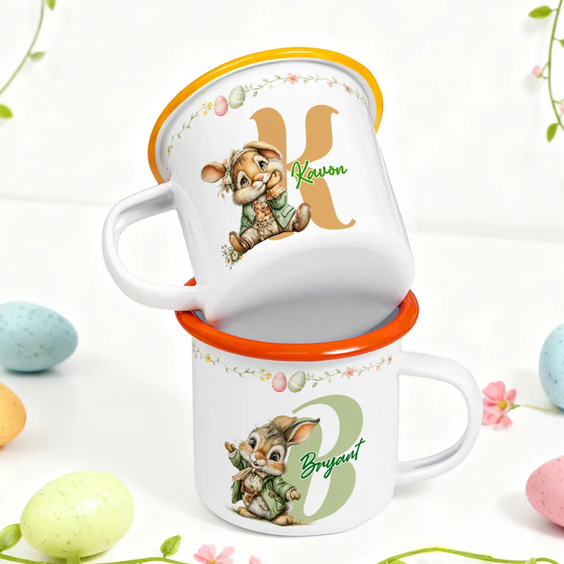 Personalized Cartoon Easter Bunny Initial 12 oz Colored Rim Enamel Mug with Name Easter Gift for Boys and Girls