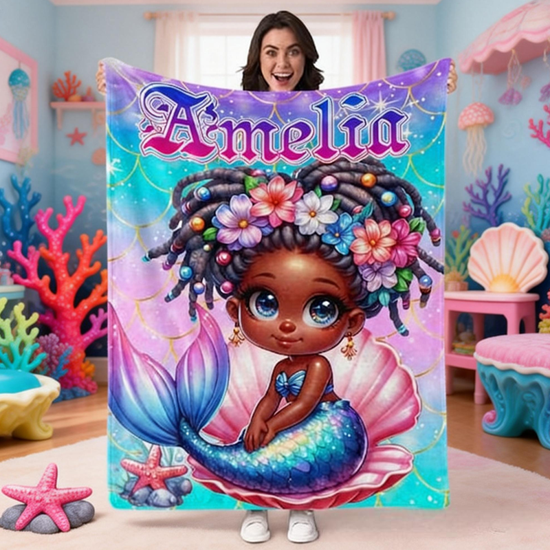 Personalized Mermaid Themed Blanket with Name Home Decor Birthday Gift for Kids Mermaid Lovers