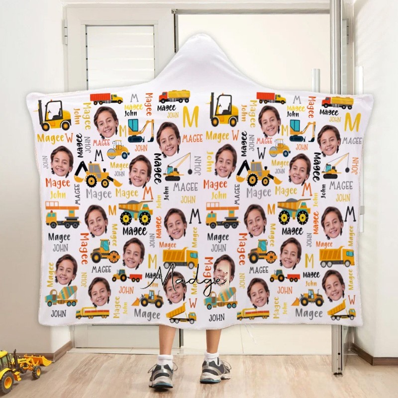 Personalized Truck Excavator Face Photo Soft Hooded Blanket with Initial and Name Birthday Gift for Engineering Vehicle Lover