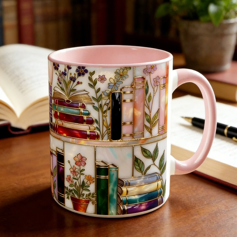 Personalized Stained-Glass Style Floral Bookshelf Mug Custom Book Accent Mug with Name Bookworm Coffee Cup for Reader Book Lover Librarian Gift