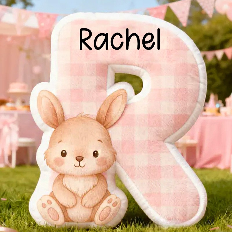Personalized Animal Theme Custom Name Pink Blue Check Alphabet Letter Cushion Cute Rabbit 3D Print Pillow