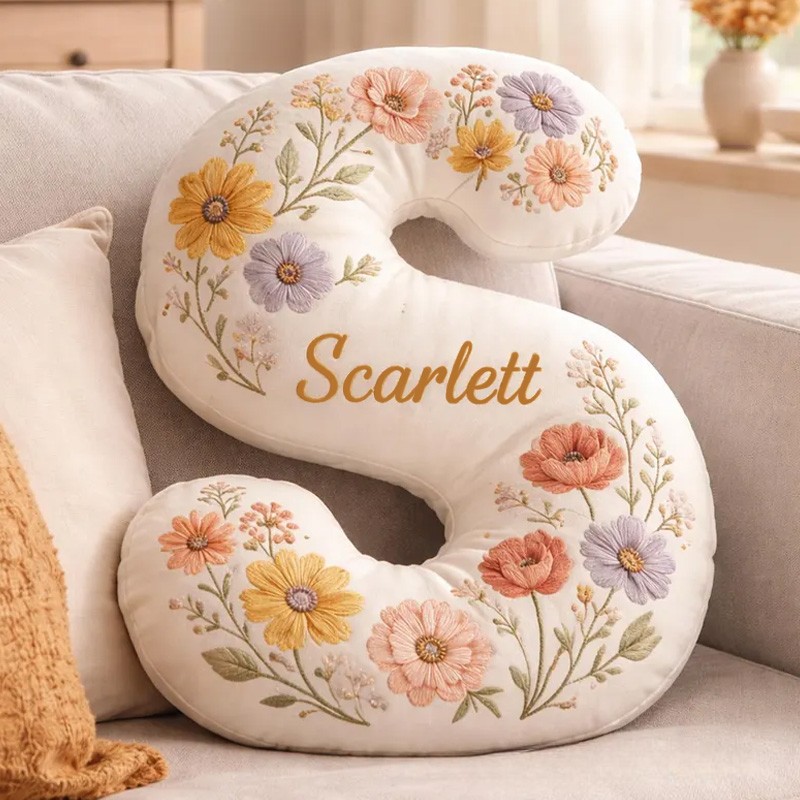 Personalized Initial Theme Custom Name Beautiful Flower Pattern Letter Shaped Home Decor 3D Print Pillow