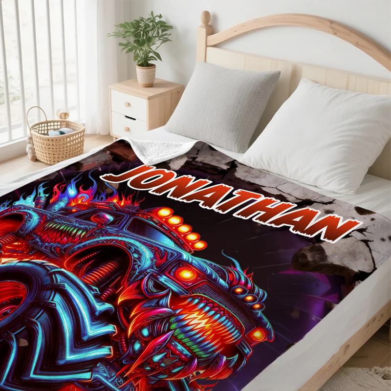 Personalized Monster Neon Truck Soft Throw Blanket with Name Home Decor Birthday Gift for Boys Truck Lovers